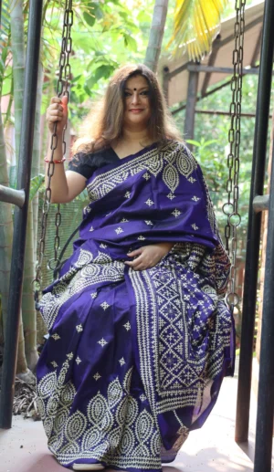 Gujrati Stitch on Violet Bangalore Silk Saree