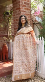Gujrati Stitch work Saree on Pure Bangalore Silk of dark beige shade - Image 2