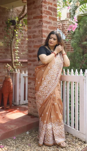 Gujrati Stitch work Saree on Pure Bangalore Silk of dark beige shade