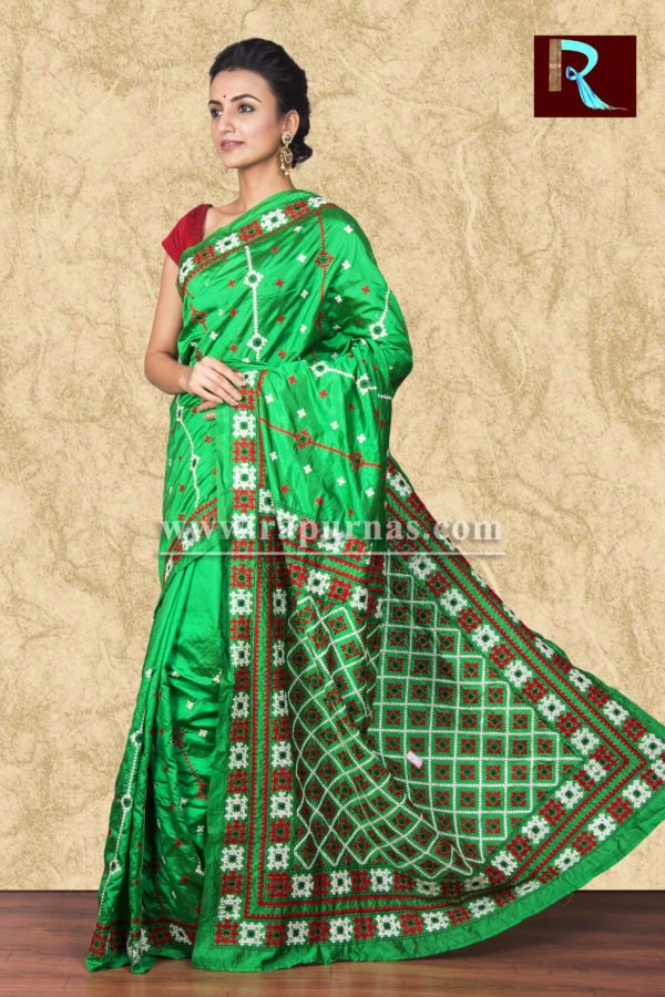 Gujrati Stitch work on Art Silk Saree of bright green color1