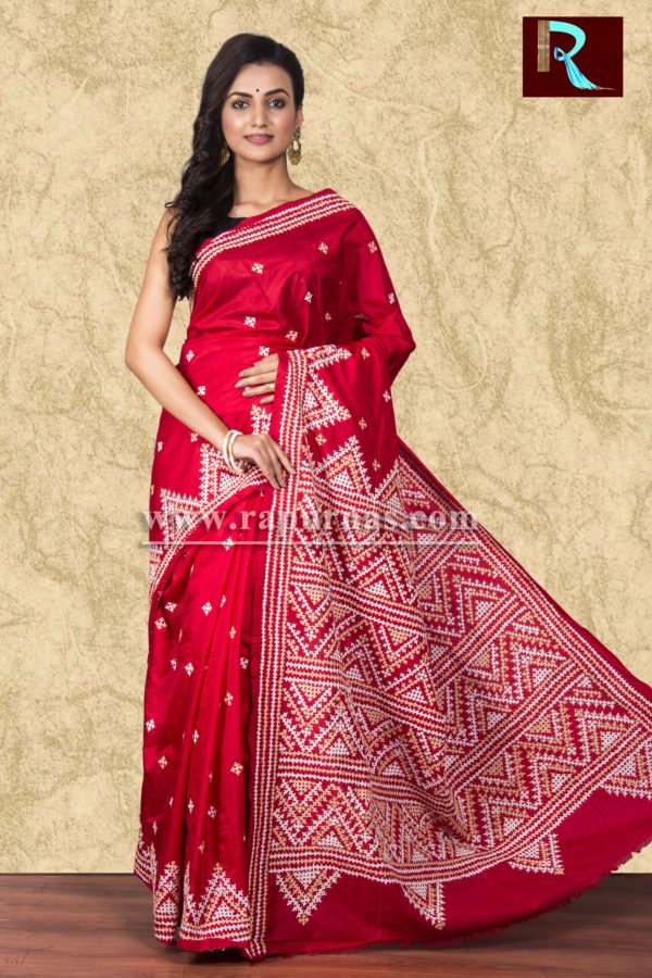 Gujrati Stitch work on Bangalore Silk Saree of red color