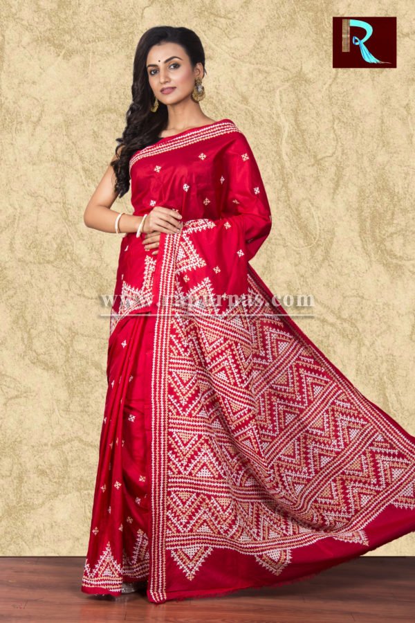 Gujrati Stitch work on Bangalore Silk Saree of red color1