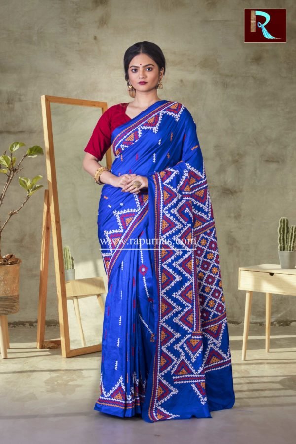 Gujrati Stitch work on Pure Bangalore Silk Saree of Blue color
