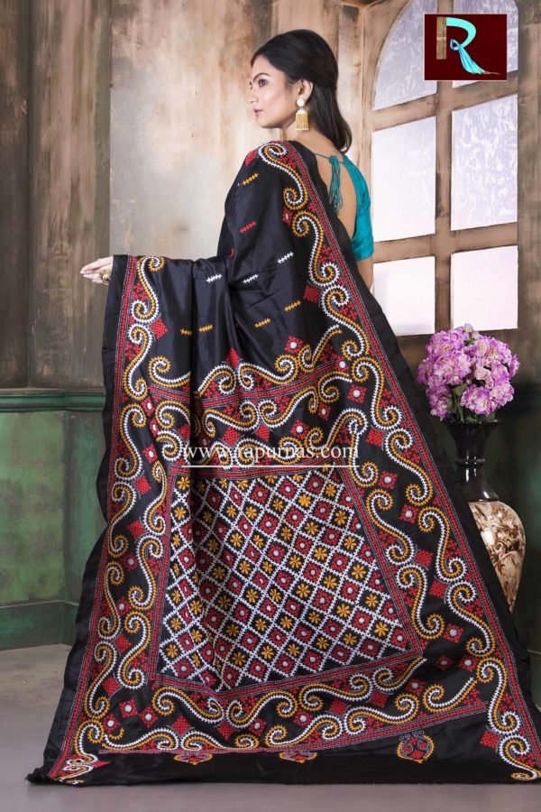 Gujrati Stitch work on Pure Bangalore Silk Saree of ethnic design1
