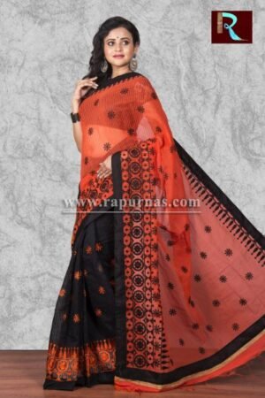 Kachhi Kathiawari work on BD Cotton Saree of red and black combo1