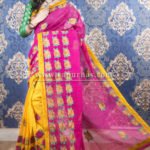 Kachhi Kathiawari work on BD Cotton Saree of yellow and purple combo