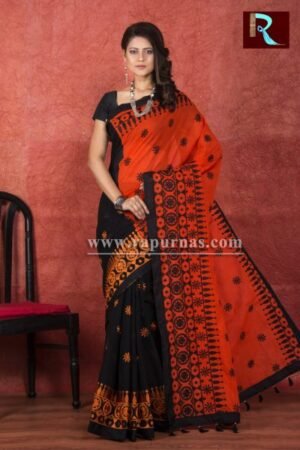 Kachhi Kathiawari work on BD Cotton Saree with Black and Orange combination1