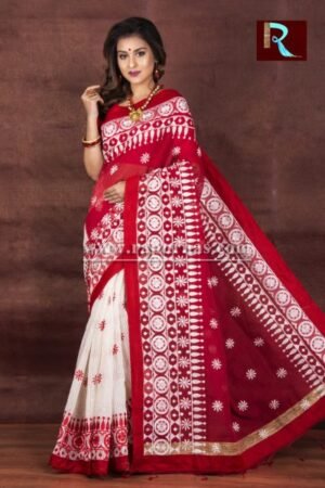 Kachhi Kathiawari work on Noil Cotton Saree with Deep Red Pallu