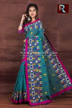 Kachhi Kathiawari work on Noil Cotton Saree with amazing color combination1