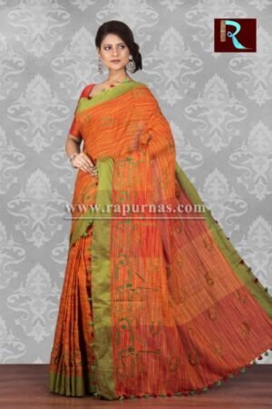 Pure Linen Saree with Orange body and Green Pallu1