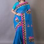 Cut work on applique BD Cotton Saree of Sky Blue color