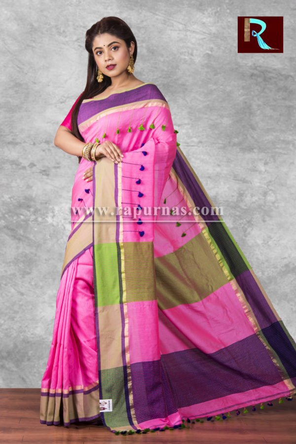 Exclusive Blended Cotton Handloom Saree with pompom1