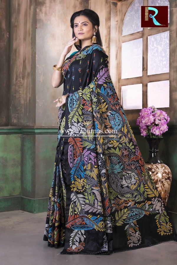 Kantha Stitch work on Pure Bangalore Silk Saree of Black color1
