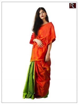 Orange and Green Bishnupuri Katan Silk Saree