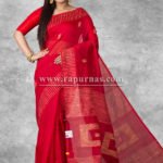 Red Blended Cotton Handloom Saree with box Pallu