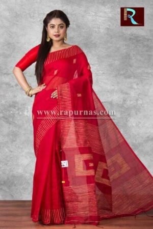 Red Blended Cotton Handloom Saree with box Pallu