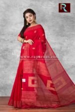 Red Blended Cotton Handloom Saree with box Pallu1