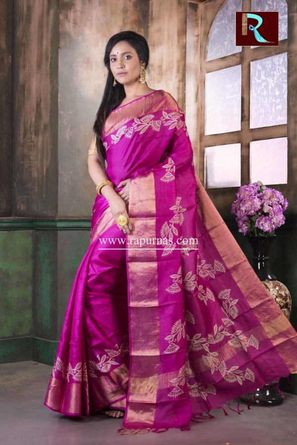 Zari paar Printed Tussar Silk Saree of purple color1