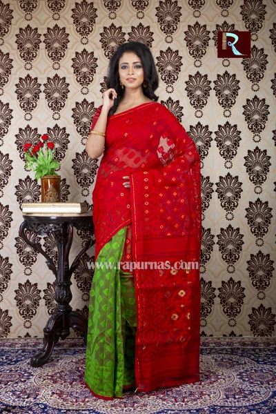 Buy Stunning Beauty. Pure Linen Handwoven Jamdani Saree - White, Red & Dull  Gold (With Blouse Piece) Online