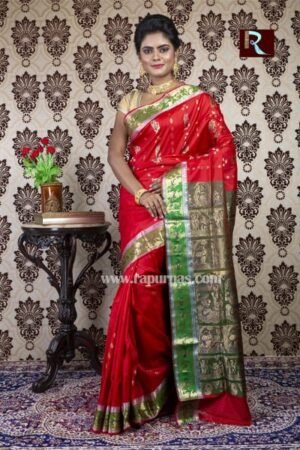 Exclusive Baluchari Silk Saree of deep red and green combo
