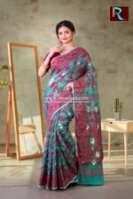 Bottle green and red combo dhakai Jamdani Saree