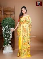 Yellow Kantha Stitch Work on Pure Bangalore Silk Saree