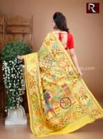Yellow Kantha Stitch Work on Pure Bangalore Silk Saree - Image 2