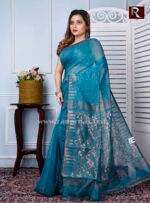 Dhakai Jamdani Saree of bluish shade - Image 2