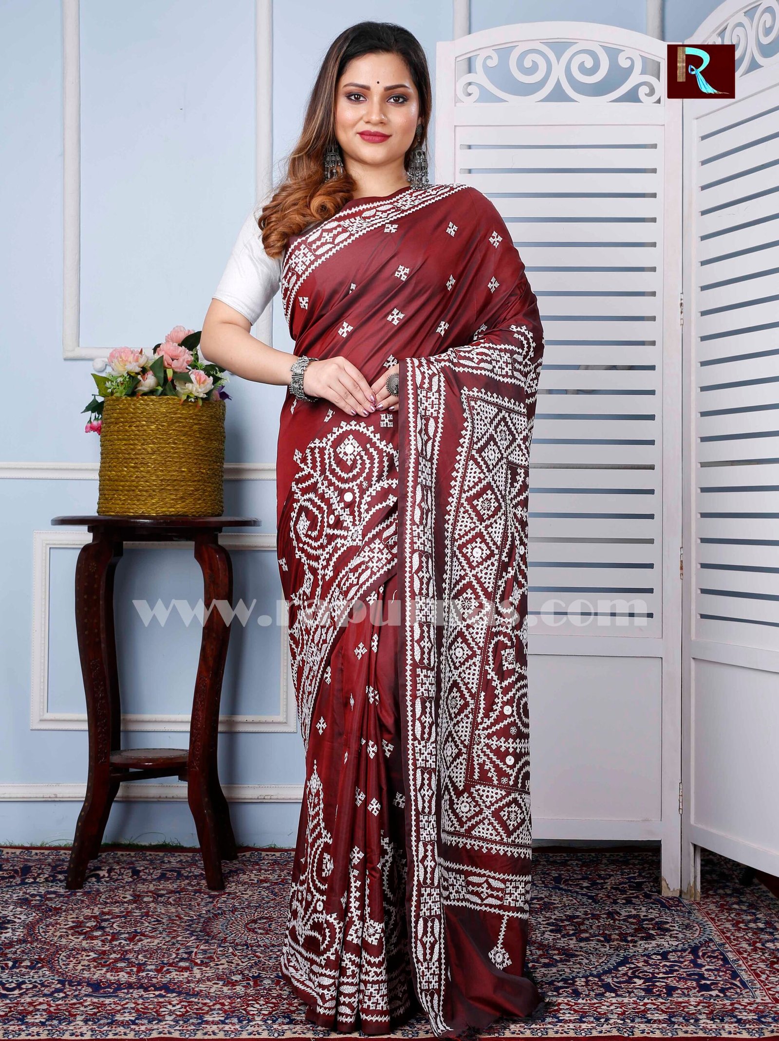 Buy Multicolor Pure Gachi Tussar with Dye Work and Allover Kantha  Embroidery and Gujrati Mirror Work At IndyVogue