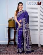 Gujrati Stitch work Saree on Pure Bangalore Silk of navy blue shade