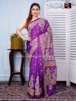 Gujrati Stitch work Saree on Art Silk of magenta shade