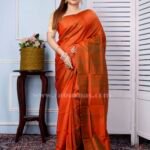 Bishnupuri Katan Silk Saree of orangish color
