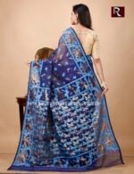 Dhakai Jamdani Saree of deep navy blue color - Image 3