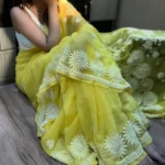Chikankari Embroidery on Georgette Saree Canary Yellow - Image 2