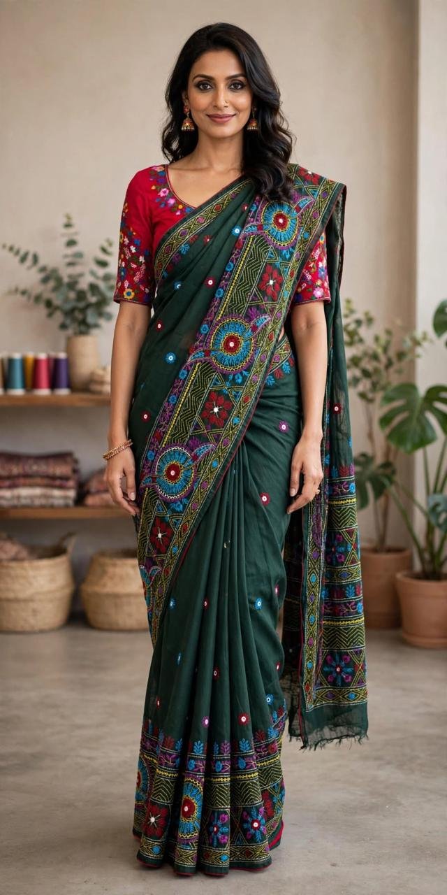 Lambani Embroidery on Blended Silk Saree