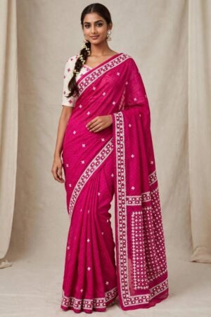 Gujrati Stitch work on dhakai Jamdani Saree
