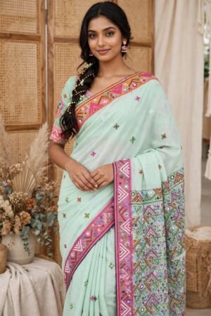 Gujarati Stitch work on Half Tussar Saree