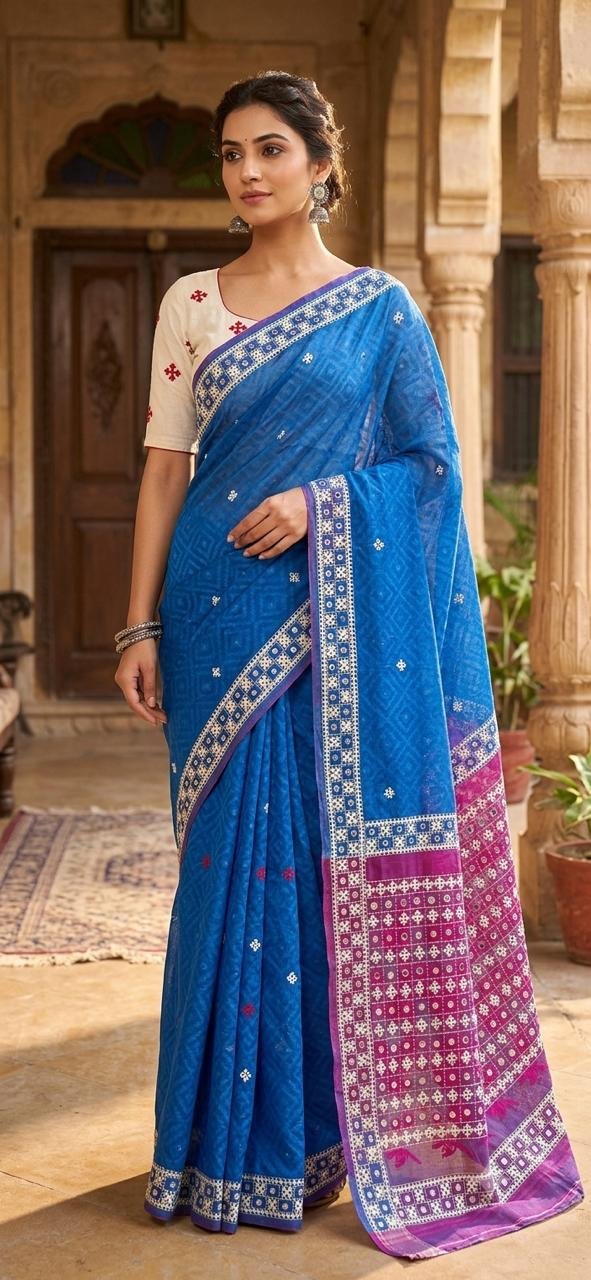 Gujrati Stitch work on dhakai Jamdani Saree