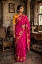 Gujrati Stitch work on soft Jamdani Saree