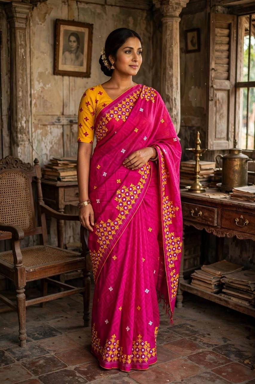 gujrati-stitch-on-jamdani-saree002 Gujrati Stitch work on soft Jamdani Saree - Image 1