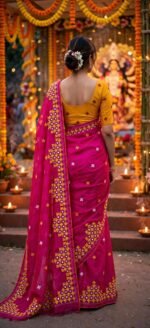 Gujrati Stitch work on soft Jamdani Saree - Image 2