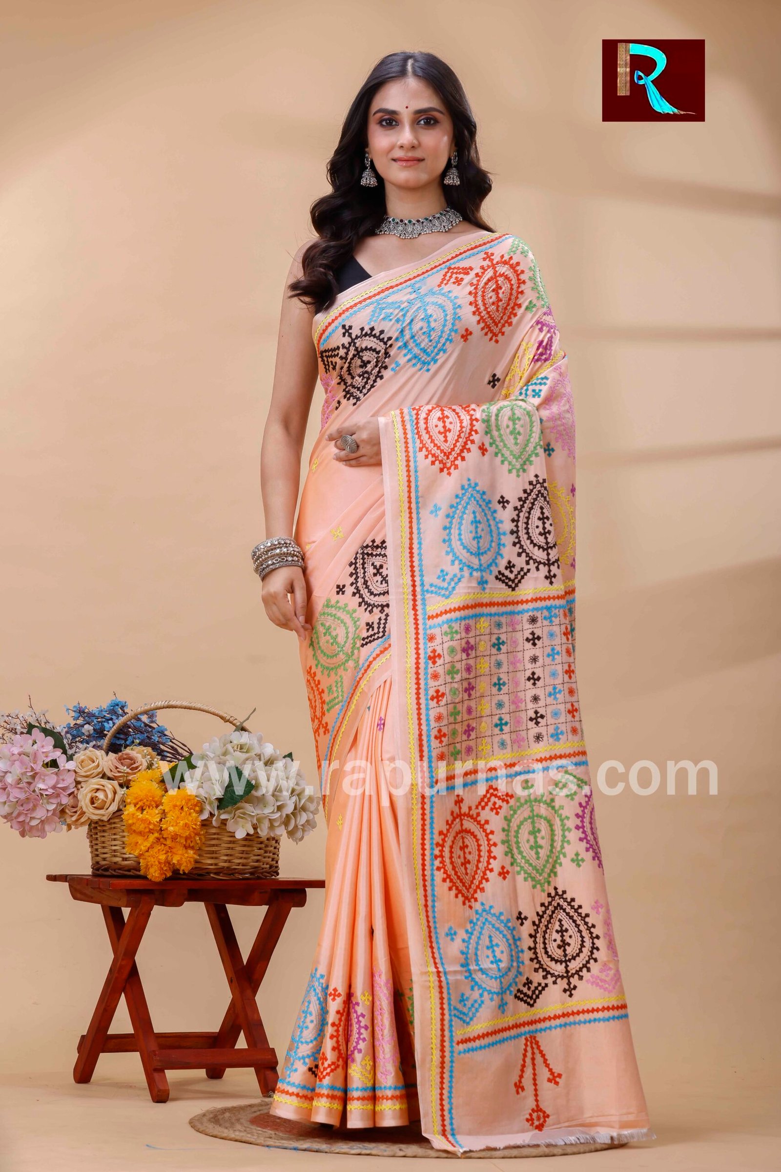 Gujrati Stitch work on Blended Silk Saree