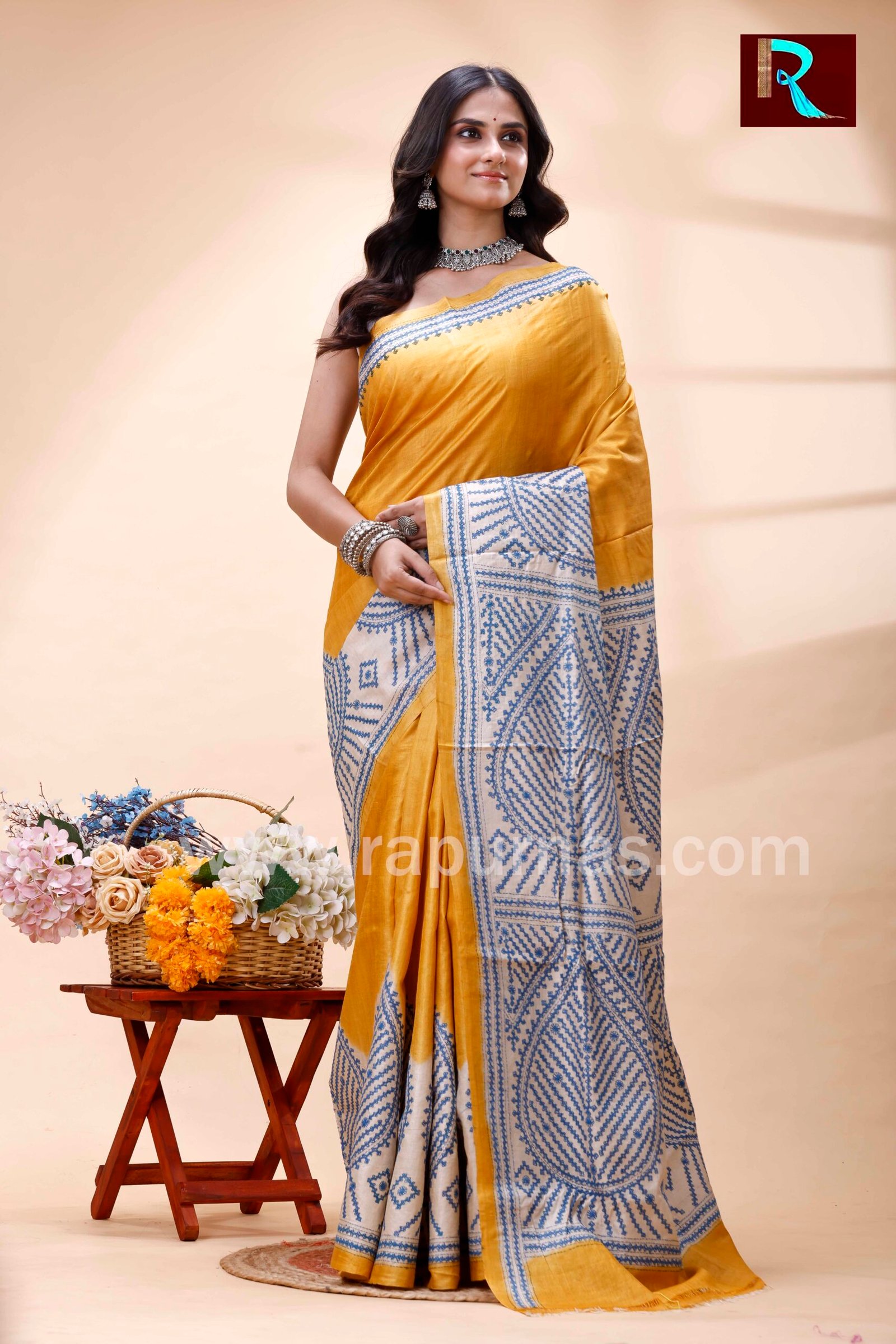 Gujrati stitch on dyed Gachhi Tussar Silk Saree