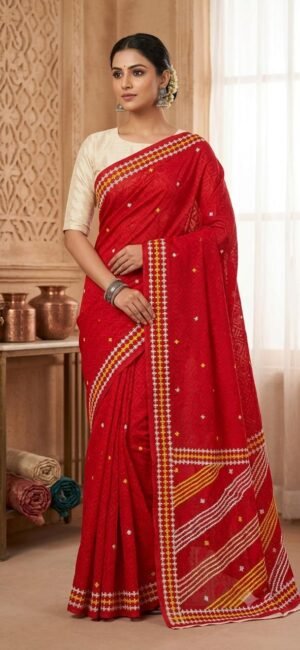 Gujrati Stitch work on dhakai Jamdani Saree