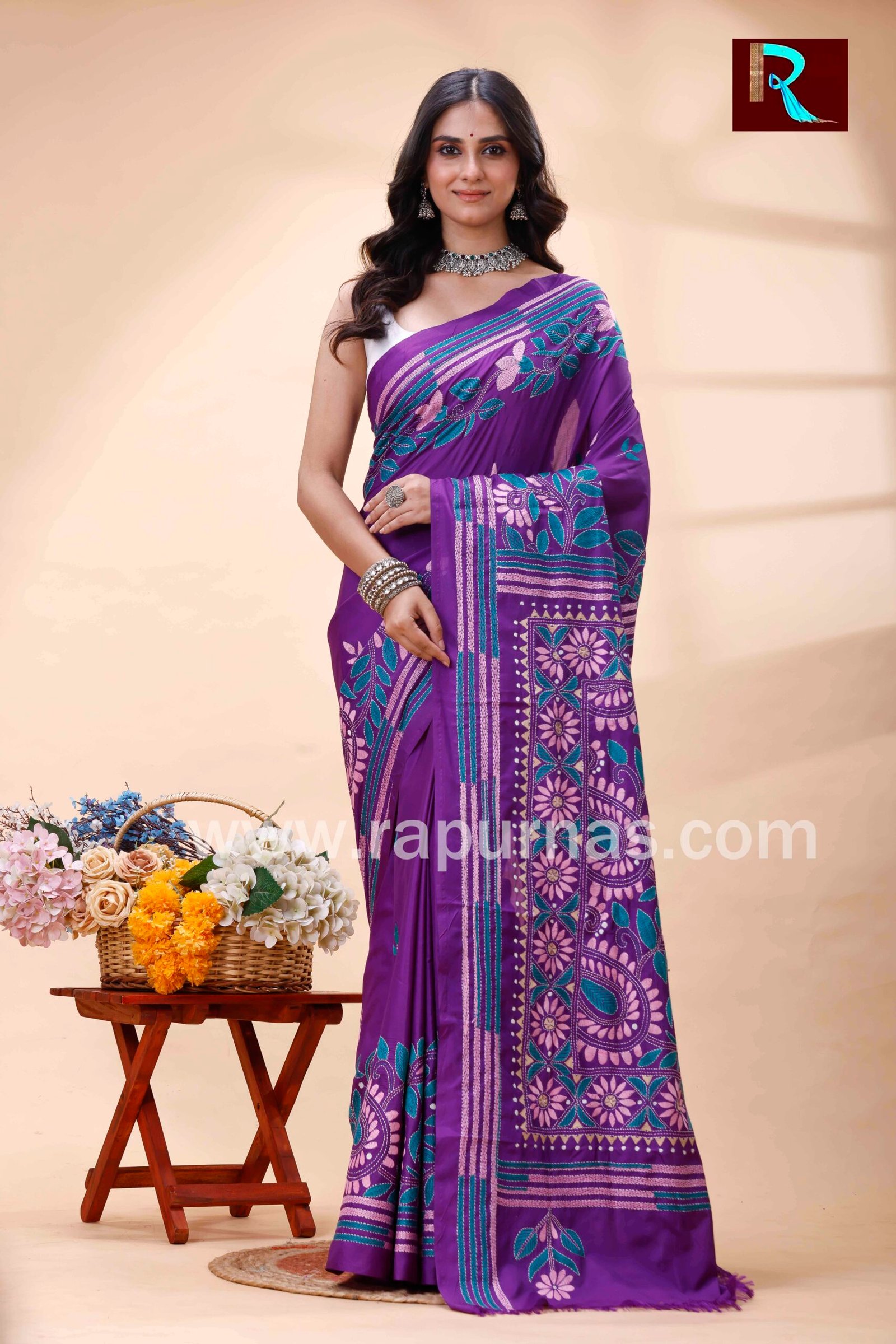 Kantha Stitch Work on Art Silk Saree