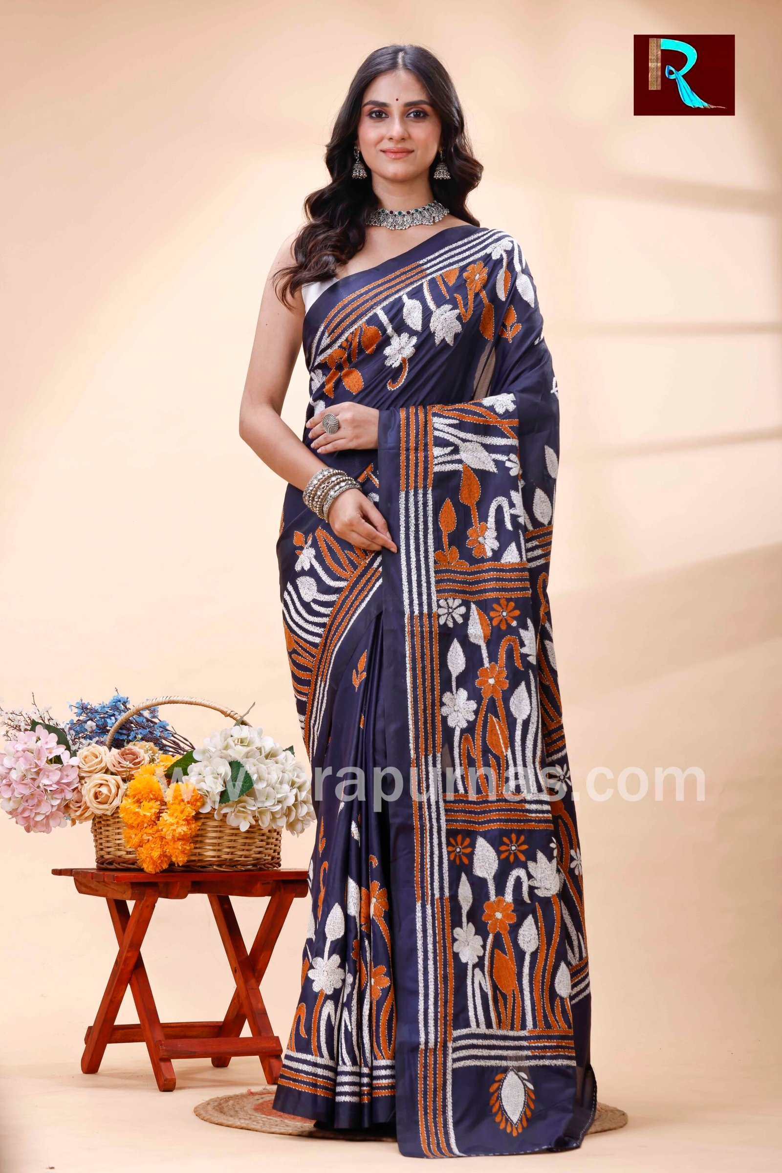 Kantha Stitch Work on Art Silk Saree