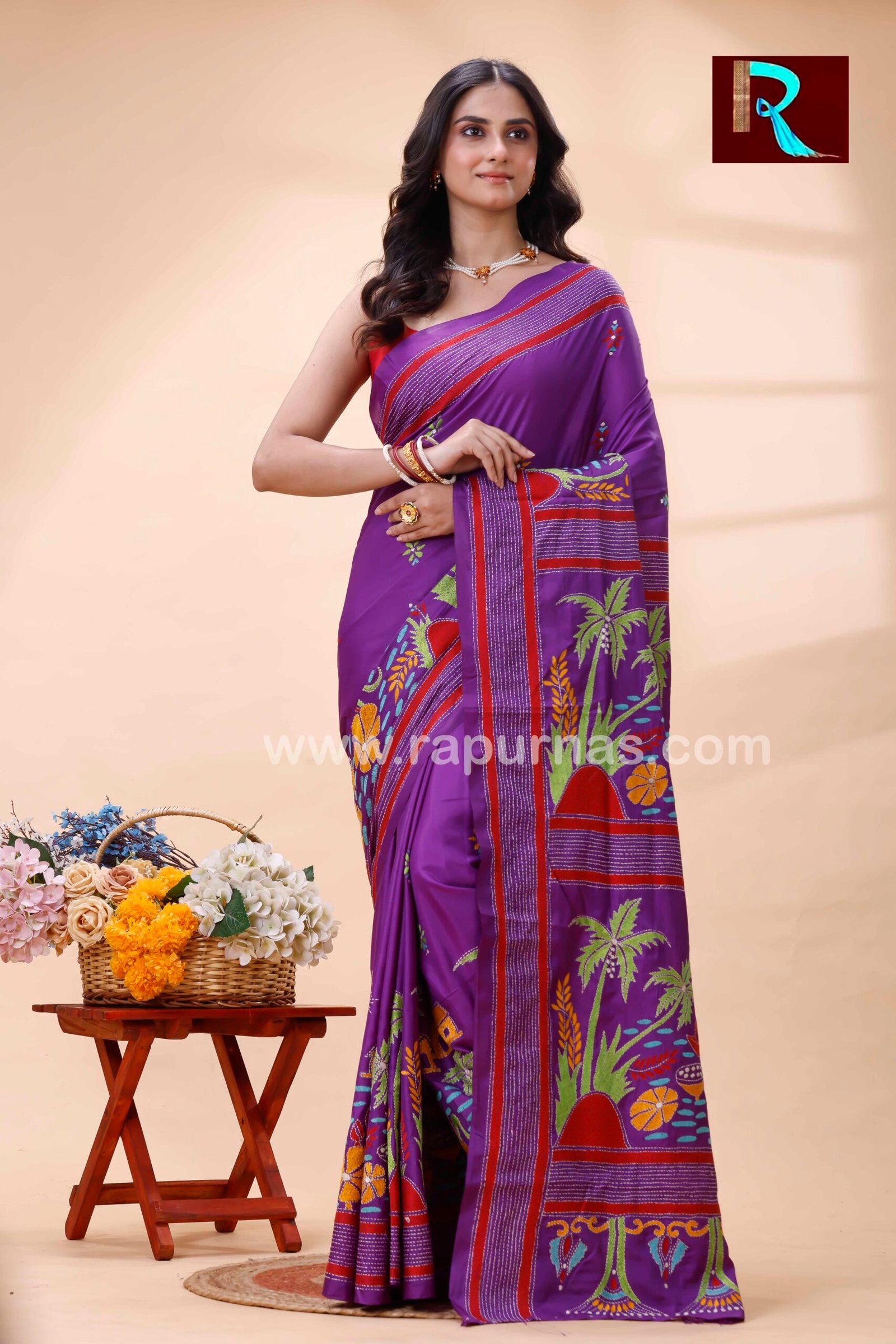 Kantha Stitch Work on Art Silk Saree