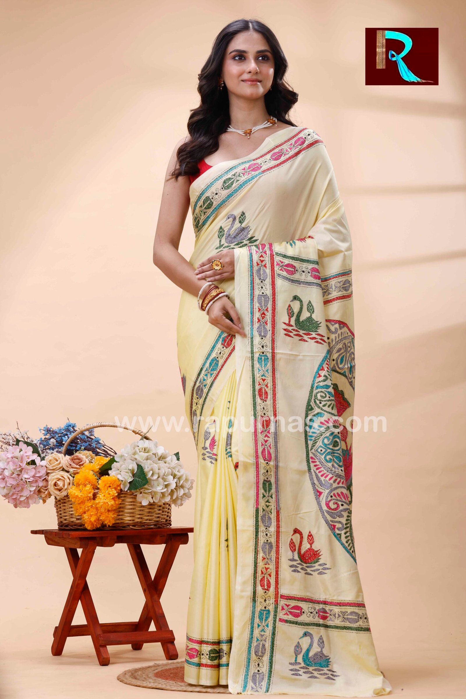 Kantha Stitch Work on Art Silk Saree