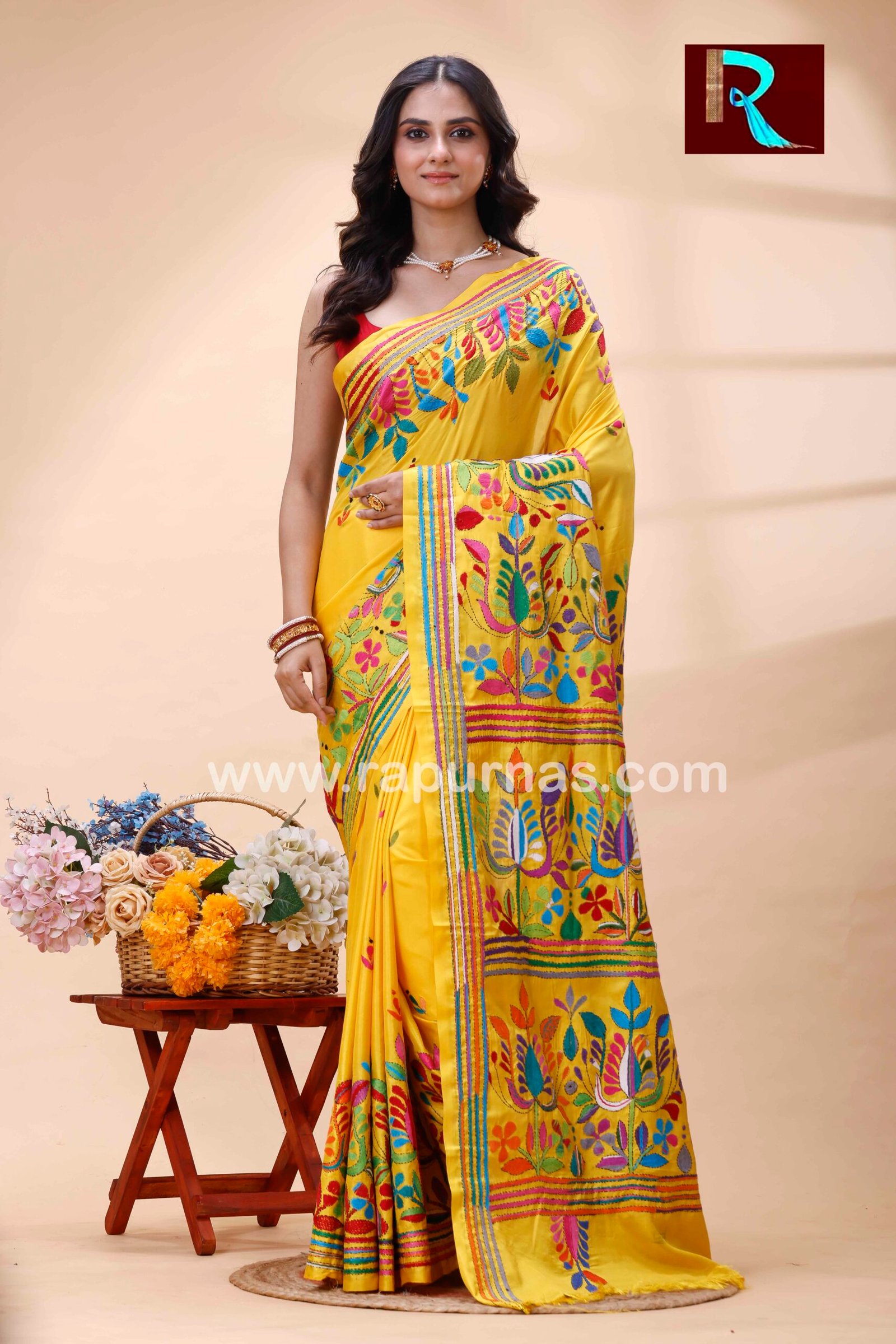 Kantha Stitch Work on Art Silk Saree