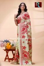 Kantha Stitch Work on Art Silk Saree light green - Image 2